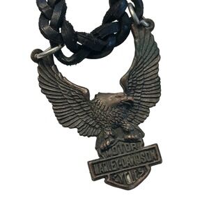 Vintage 90s Harley-Davidson Eagle Logo Pendant Braided Leather Necklace Biker